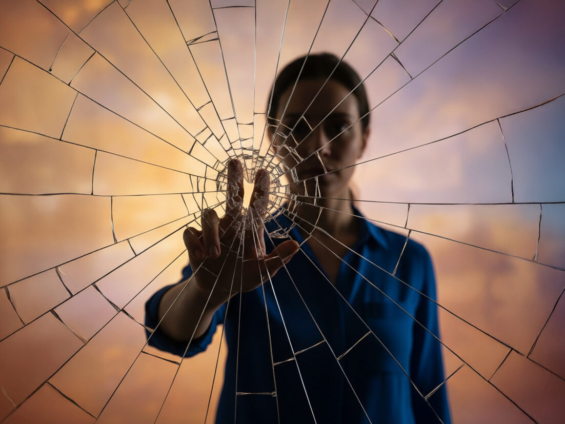 A figure behind glass reaching out, causing it to shatter. We talk about shattering the stigma that can come with a cancer diagnosis in this S6E26 episode.
