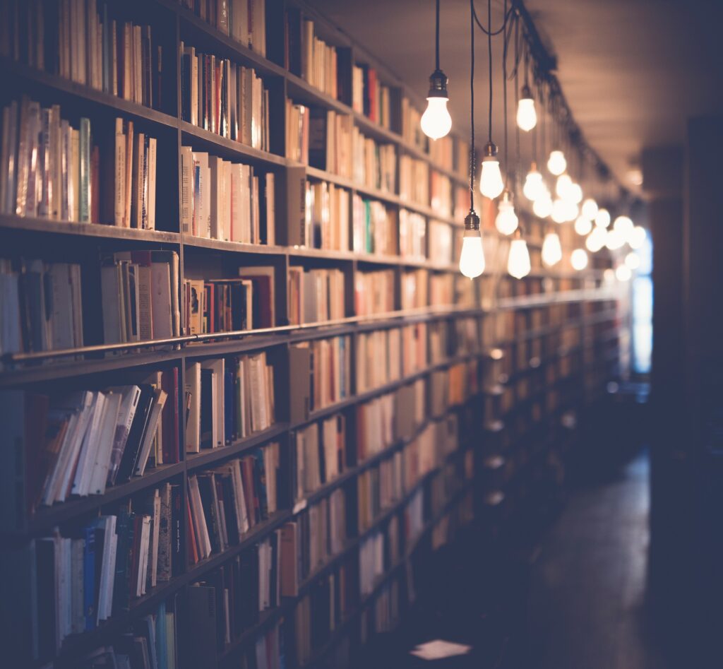 A row of books in a library. Hanging lights create a welcoming glow. Source: Pixabay