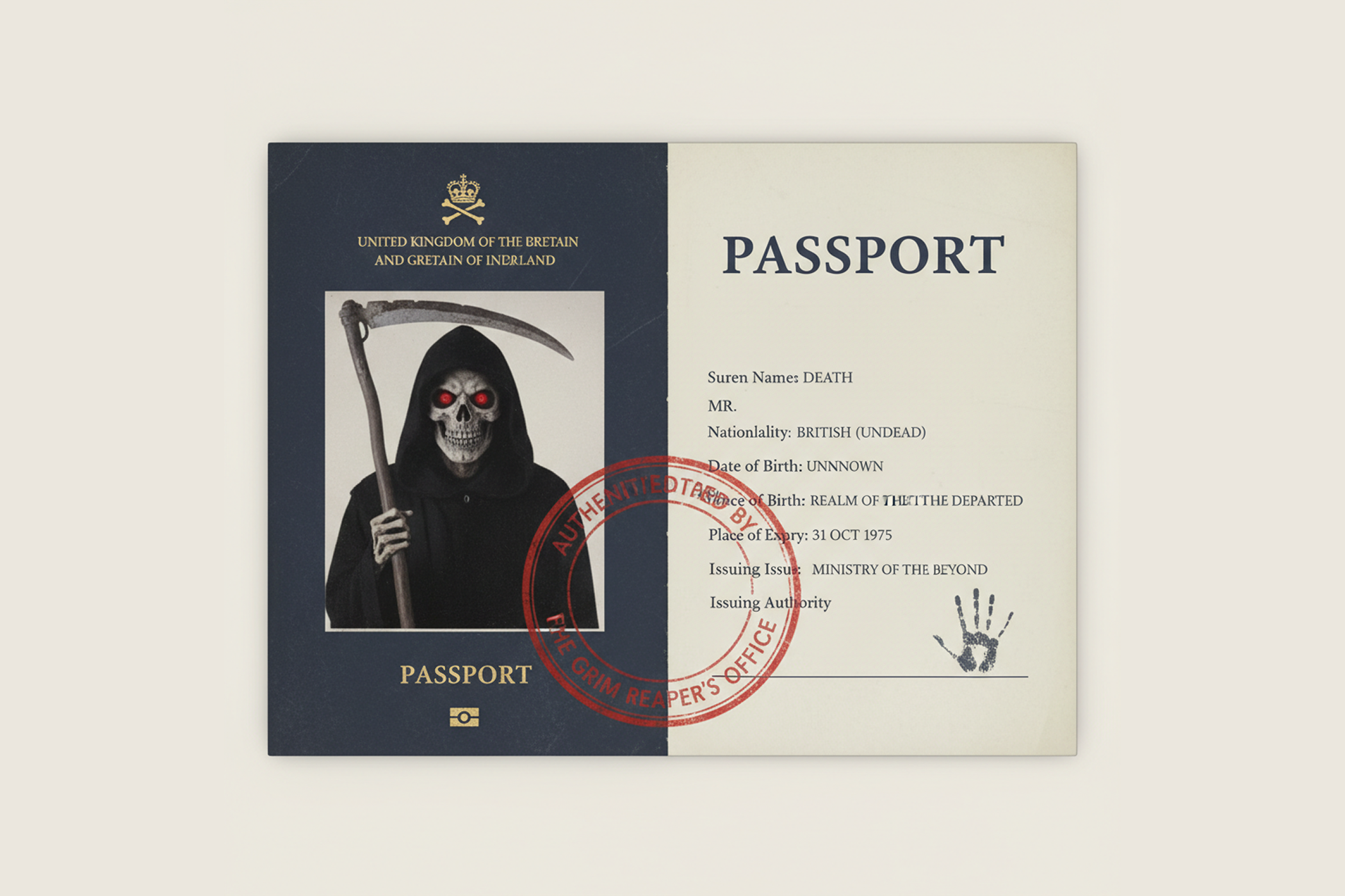 The Grim Reaper from Monte Python Holy Grail on a passport