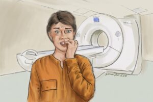 A nervous woman with fingers in her mouth with a CT scanning machine behind her. We talk about scanxiety in this episode.
