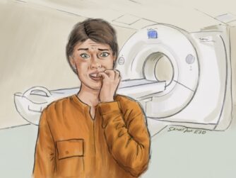 A nervous woman with fingers in her mouth with a CT scanning machine behind her. We talk about scanxiety in this episode.