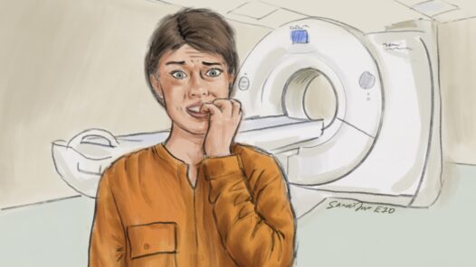 A nervous woman with fingers in her mouth with a CT scanning machine behind her. We talk about scanxiety in this episode.