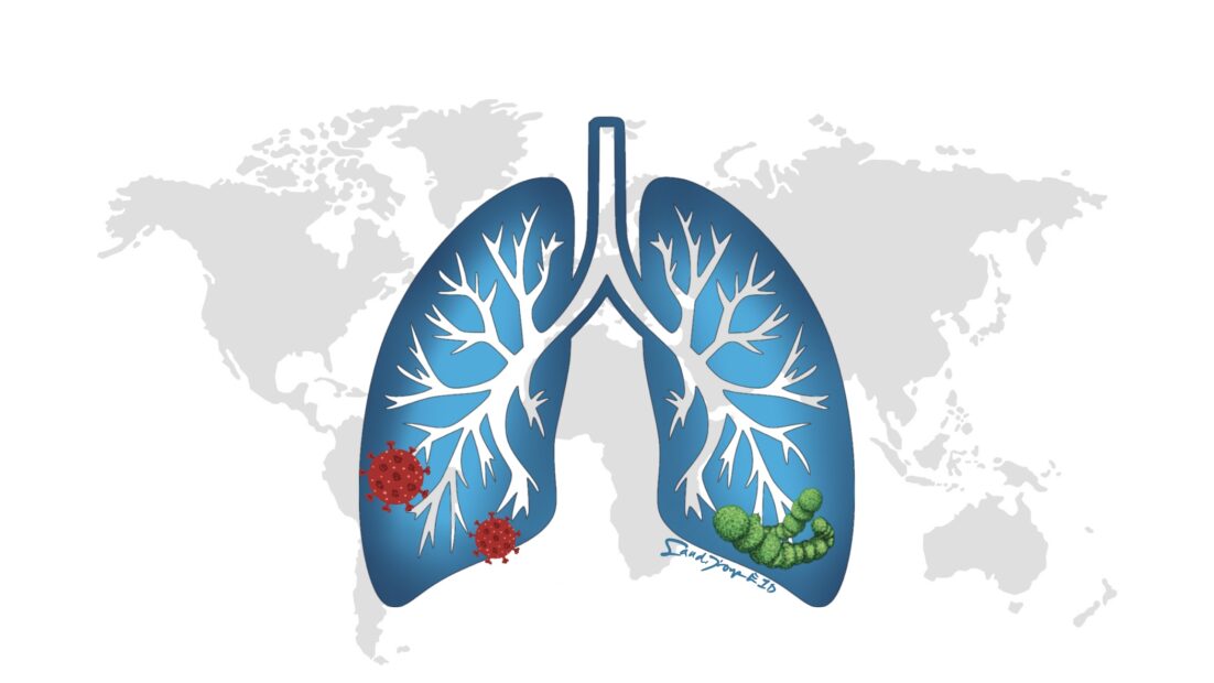 A world map overlaid with a blue outline of lungs. Viruses and bacteria dot the lungs; the related podcast topic is pneumonia (S6E32).