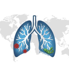 A lung against a backdrop of the globe. The base of the lung has representative microbes that cause pneumonia, such as viruses and pneumococcus. Learn all about pneumonia in this episode.