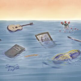Several items floating in the waves - memories, flowers, photobooth reel, a photo frame, paintbrush, journal, and running shoe. We talk about how to surviving waves of grief and learning to float and cope forward in this S6E34 episode. https://every1dies.org
