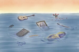 Several items floating in the waves - memories, flowers, photobooth reel, a photo frame, paintbrush, journal, and running shoe. We talk about how to surviving waves of grief and learning to float and cope forward in this S6E34 episode. https://every1dies.org