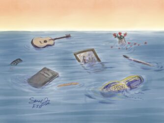 Several items floating in the waves - memories, flowers, photobooth reel, a photo frame, paintbrush, journal, and running shoe. We talk about how to surviving waves of grief and learning to float and cope forward in this S6E34 episode. https://every1dies.org