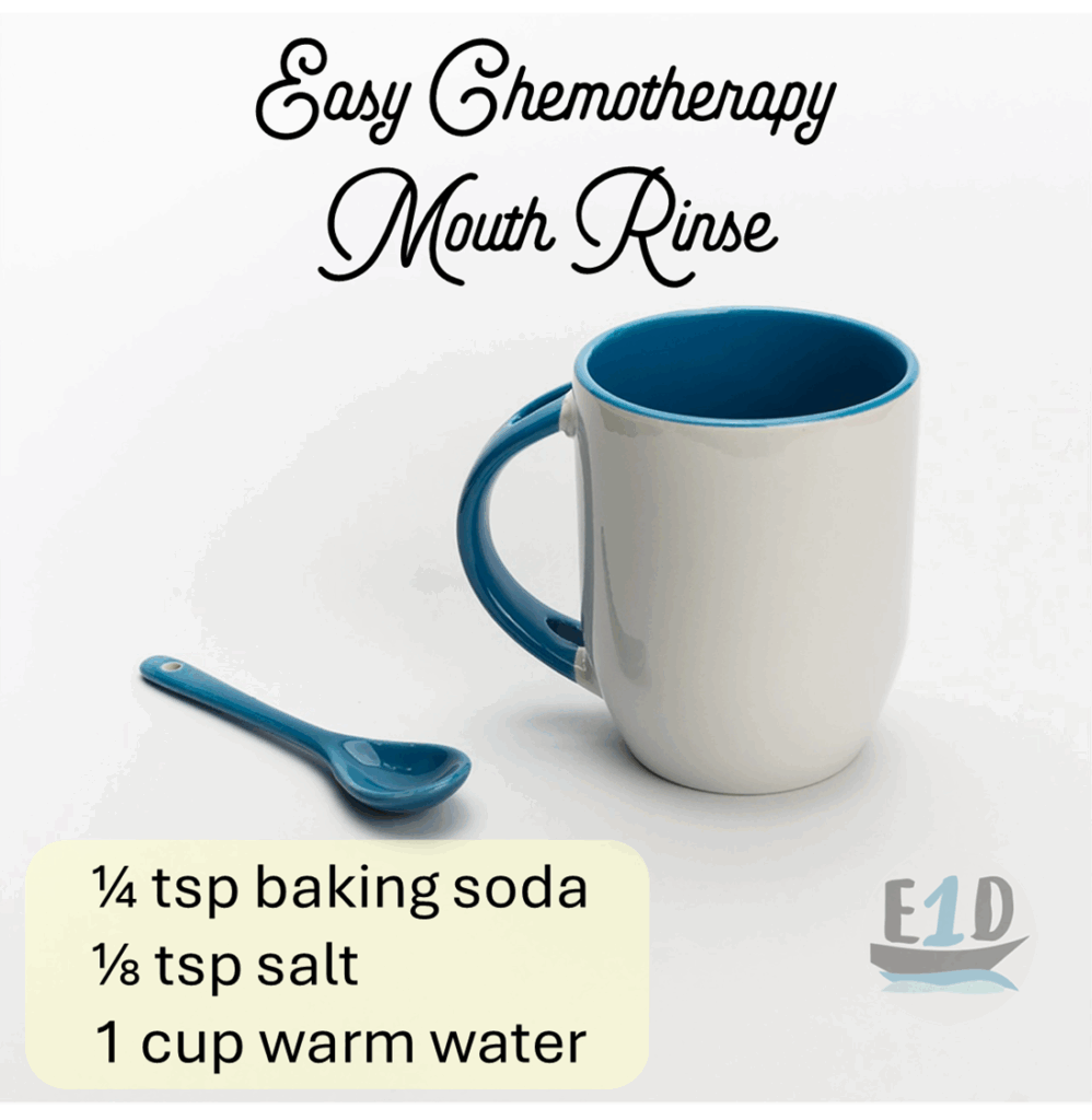 A mug and teaspoon with words: Easy Chemotherapy Mouth Rinse - a mouth wash to help- with metallic taste and mouth sores. Use this simple mouth rinse - just swish and spit - before eating to help with hydration, mouth sores, and taste issues.