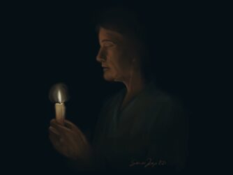 A nurse in scrubs holding a candle. We talk about honoring a nurse's life of service with the nightingale tribute or nurse honor guard in this episode.