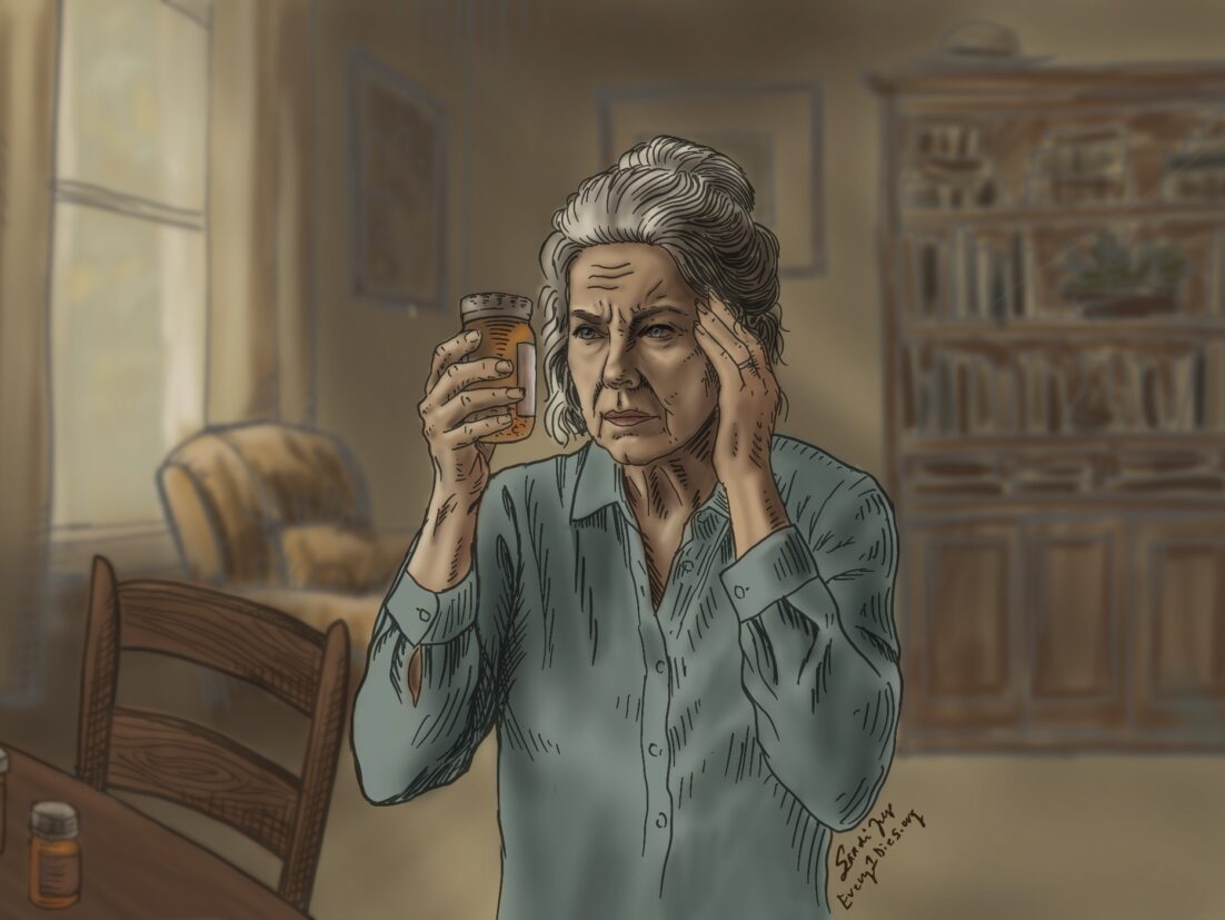 A dizzy senior woman looking suspiciously at her medication. We talk about the role of prescription medication in fall risk in this episode.