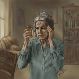 A dizzy senior woman looking suspiciously at her medication. We talk about the role of prescription medication in fall risk in this episode.