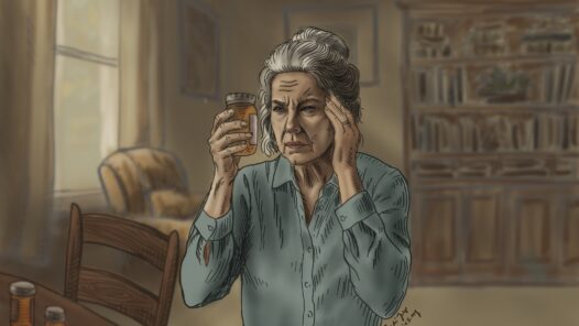 A dizzy senior woman looking suspiciously at her medication. We talk about the role of prescription medication in fall risk in this episode.
