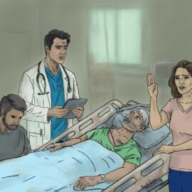 A doctor is delivering a poor prognosis to a family with an older man in the ICU. The woman is holding up her hand in disbelief. Optimistic bias by a family member charged with healthcare decisions can be a barrier for your wishes to be carried out.