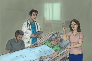 A doctor is delivering a poor prognosis to a family with an older man in the ICU. The woman is holding up her hand in disbelief. Optimistic bias by a family member charged with healthcare decisions can be a barrier for your wishes to be carried out.