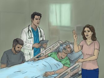 A doctor is delivering a poor prognosis to a family with an older man in the ICU. The woman is holding up her hand in disbelief. Optimistic bias by a family member charged with healthcare decisions can be a barrier for your wishes to be carried out.