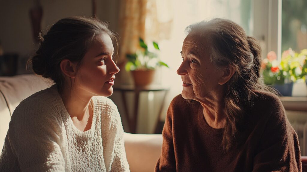 A young woman having a conversation with an older woman in her home. Both are relaxed. We talk about how to have end of life conversations in this episode.