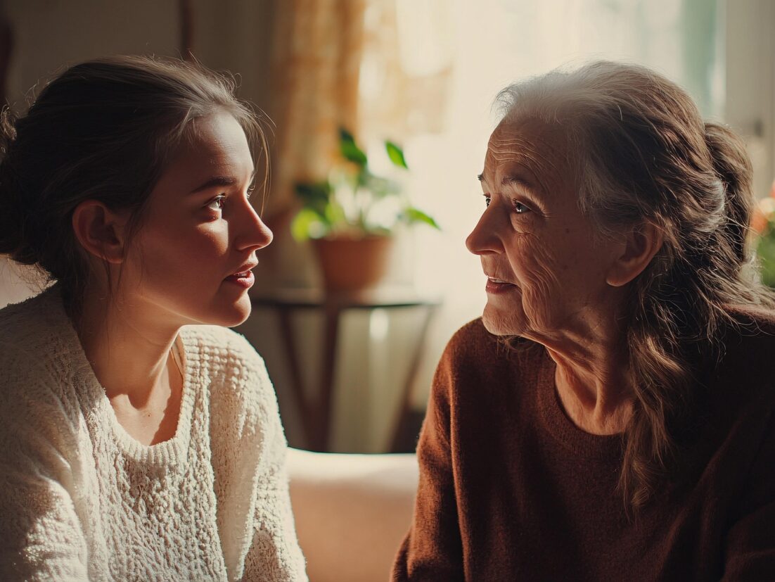 A young woman having a conversation with an older woman in her home. Both are relaxed. We talk about how to have end of life conversations in this episode.