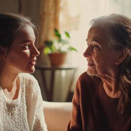 A young woman having a conversation with an older woman in her home. Both are relaxed. We talk about how to have end of life conversations in this episode.