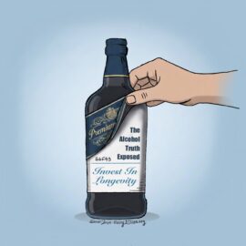 A hand unpeeling an alcohol bottle label. It says "The Alcohol Truth Exposed" S6E43, and Invest in Longevity