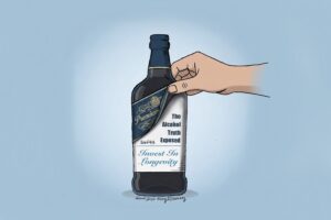 A hand unpeeling an alcohol bottle label. It says "The Alcohol Truth Exposed" S6E43, and Invest in Longevity