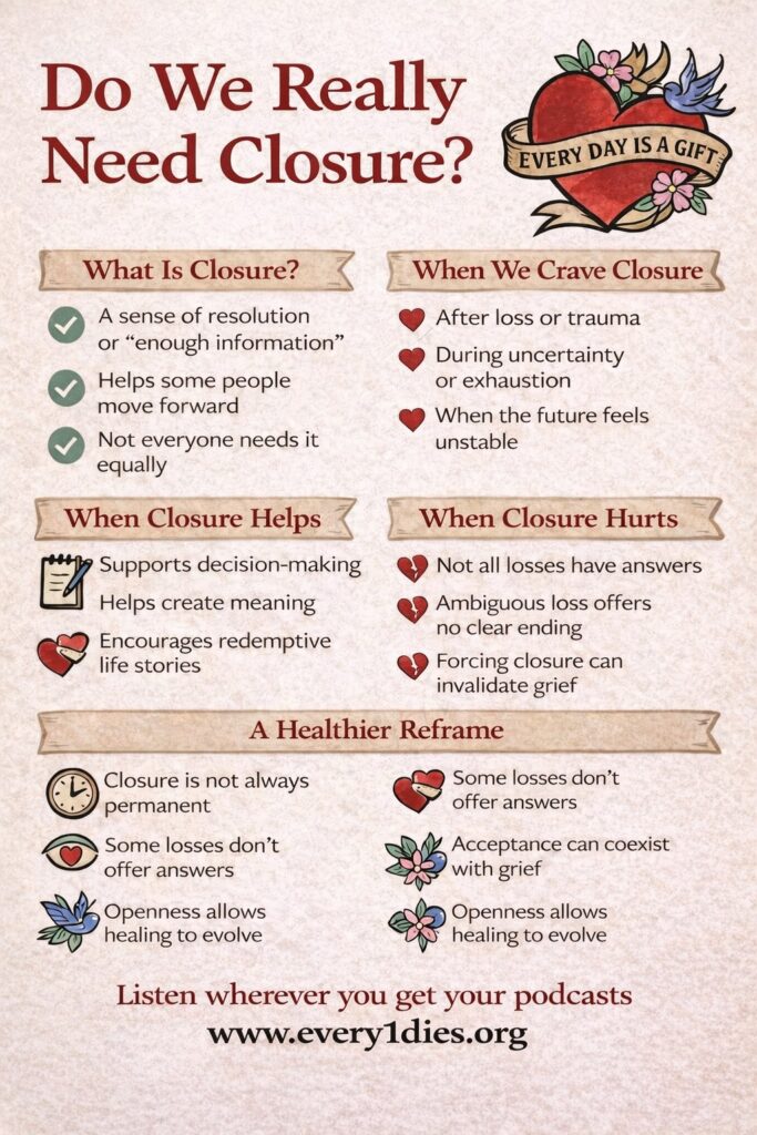 Do We Really Need Closure? An infographic that explains what is closure, when we crave closure, when it helps and hurts, and a healthier reframe, especially in circumstances such as ambiguous loss that has no clear ending
