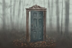 An open wooden door standing alone in a misty forest, representing the reality that some grief cannot be closed, but instead remains open to be revisited with fresh perspective and new meaning. We discuss why closure may not be possible or desirable in S6E45.