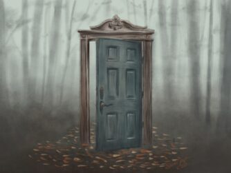 An open wooden door standing alone in a misty forest, representing the reality that some grief cannot be closed, but instead remains open to be revisited with fresh perspective and new meaning. We discuss why closure may not be possible or desirable in S6E45.