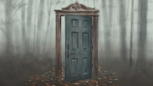 An open wooden door standing alone in a misty forest, representing the reality that some grief cannot be closed, but instead remains open to be revisited with fresh perspective and new meaning. We discuss why closure may not be possible or desirable in S6E45.