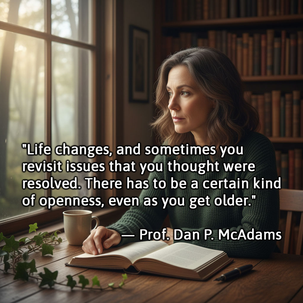 A reflective woman sits at a wooden table with an open journal, looking out a window at a misty forest, representing the search for meaning and the space between questions and answers. A quote says, "Life changes, and sometimes you revisit issues that you thought were resolved. There has to be a certain kind of openness, even as you get older." — Prof. Dan P. McAdams