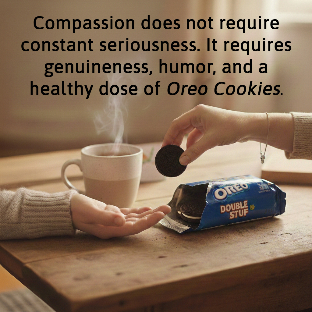 A warm, close-up shot of two people at a wooden table in a sunlit kitchen. One hand is reaching out to give an Oreo cookie to another person’s upturned, waiting hand. Next to them is a steaming mug of tea and an open bag of Oreo cookies, symbolizing quiet, presence-based support.