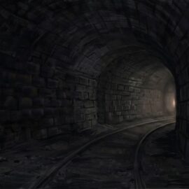 A lonely dark train tunnel with distant light.