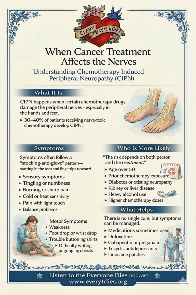 Educational infographic titled 'When Cancer Treatment Affects the Nerves' illustrating Chemotherapy-Induced Peripheral Neuropathy (CIPN) symptoms. A diagram shows nerve damage in feet, alongside bulleted lists of sensory issues like tingling and burning, and motor symptoms such as muscle weakness and difficulty gripping, including a figure massaging an affected arm. Right-hand columns cover CIPN risk factors (e.g., age, diabetes) and potential treatments (duloxetine, physical therapy), accompanied by an illustration of a healthcare provider assisting an elderly patient with a cane. The poster directs users to 'Listen to the Everyone Dies podcast www.every1dies.org'