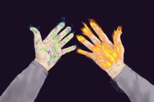 Digital art of hands with multi-colored lightning and orange flames representing the burning, tingling and electric pain of CIPN.