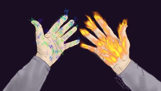 Digital art of hands with multi-colored lightning and orange flames representing the burning, tingling and electric pain of CIPN.
