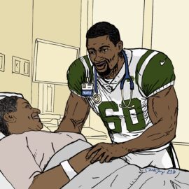A NFL player in uniform at a patient bedside, with stethoscope and nametag that says "nurse." He is smiling and comforting the patient, who is also smiling. This represents the NFL players like former New York Jets offensive tackle D'Brickashaw Ferguson that transitioned to the bedside after their career was over.