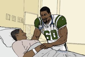 A NFL player in uniform at a patient bedside, with stethoscope and nametag that says "nurse." He is smiling and comforting the patient, who is also smiling. This represents the NFL players like former New York Jets offensive tackle D'Brickashaw Ferguson that transitioned to the bedside after their career was over.