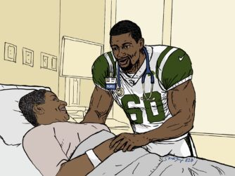 A NFL player in uniform at a patient bedside, with stethoscope and nametag that says "nurse." He is smiling and comforting the patient, who is also smiling. This represents the NFL players like former New York Jets offensive tackle D'Brickashaw Ferguson that transitioned to the bedside after their career was over.