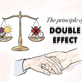 A scale balancing comfort and risk, hands of loved ones, and the title "the Principle of Double Effect"