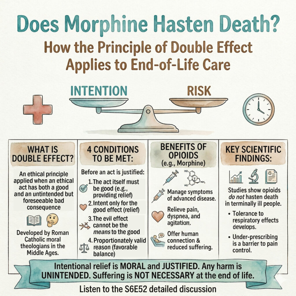 Infographic titled 'Does Morphine Hasten Death?' explaining the Principle of Double Effect. It features a balanced scale of Intention vs Risk and a table detailing 4 ethical conditions, benefits of opioids, and scientific findings showing morphine doesn't hasten death. The lower half of the image is structured as a clean four-column table: WHAT IS DOUBLE EFFECT?: Contains watercolor icons of an open book and a person thinking. Text explains: An ethical principle for an act with good and bad effects. Origin: Developed by Roman Catholic moral theologians in the Middle Ages. 4 CONDITIONS TO BE MET: - Act must be good/morally indifferent. - Sincere intent only the good effect. - Evil effect cannot be the means to good. - Proportionately valid reason (favorable balance). BENEFITS OF OPIOIDS (e.g., Morphine): Manage symptoms of advanced disease. Relieve pain, dyspnea, and agitation. Offer human connection & reduced suffering. KEY SCIENTIFIC FINDINGS: Studies show opioids do not hasten death in terminally ill people. Tolerance to respiratory effects develops. Under-prescribing is a barrier to pain control. Below the table, a wide teal watercolor ribbon banner contains the text: Intentional relief is MORAL and JUSTIFIED. Any harm is UNINTENDED. Suffering is NOT NECESSARY at the end of life. https://every1dies.org