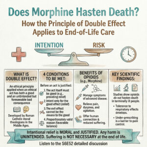 Infographic titled 'Does Morphine Hasten Death?' explaining the Principle of Double Effect. It features a balanced scale of Intention vs Risk and a table detailing 4 ethical conditions, benefits of opioids, and scientific findings showing morphine doesn't hasten death. The lower half of the image is structured as a clean four-column table: WHAT IS DOUBLE EFFECT?: Contains watercolor icons of an open book and a person thinking. Text explains: An ethical principle for an act with good and bad effects. Origin: Developed by Roman Catholic moral theologians in the Middle Ages. 4 CONDITIONS TO BE MET: - Act must be good/morally indifferent. - Sincere intent only the good effect. - Evil effect cannot be the means to good. - Proportionately valid reason (favorable balance). BENEFITS OF OPIOIDS (e.g., Morphine): Manage symptoms of advanced disease. Relieve pain, dyspnea, and agitation. Offer human connection & reduced suffering. KEY SCIENTIFIC FINDINGS: Studies show opioids do not hasten death in terminally ill people. Tolerance to respiratory effects develops. Under-prescribing is a barrier to pain control. Below the table, a wide teal watercolor ribbon banner contains the text: Intentional relief is MORAL and JUSTIFIED. Any harm is UNINTENDED. Suffering is NOT NECESSARY at the end of life. https://every1dies.org