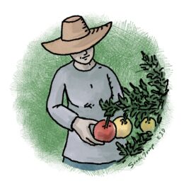 A line art and watercolor image of a woman happily tending her tomato garden. The image has a serene green hatch background to convey a feeling of inner peace. We talk about the importance of balancing spirituality with the psychological side of grieving. But spirituality is experienced in many ways, even through tending a tomato garden.