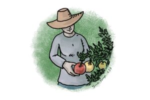 A line art and watercolor image of a woman happily tending her tomato garden. The image has a serene green hatch background to convey a feeling of inner peace. We talk about the importance of balancing spirituality with the psychological side of grieving. But spirituality is experienced in many ways, even through tending a tomato garden.