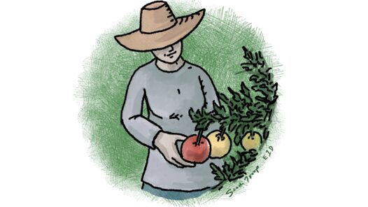 A line art and watercolor image of a woman happily tending her tomato garden. The image has a serene green hatch background to convey a feeling of inner peace. We talk about the importance of balancing spirituality with the psychological side of grieving. But spirituality is experienced in many ways, even through tending a tomato garden.