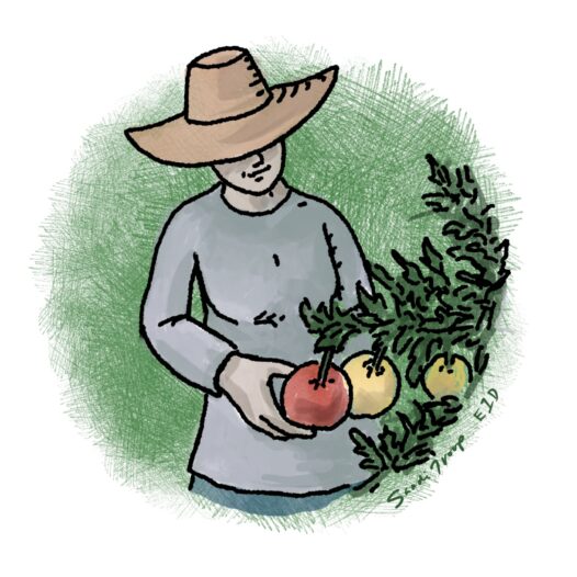 A line art and watercolor image of a woman happily tending her tomato garden. The image has a serene green hatch background to convey a feeling of inner peace. We talk about the importance of balancing spirituality with the psychological side of grieving. But spirituality is experienced in many ways, even through tending a tomato garden.