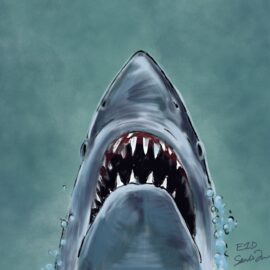 A stylized version of the poster for the movie JAWS.