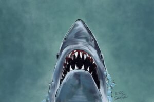 A stylized version of the poster for the movie JAWS.