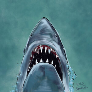 A stylized version of the poster for the movie JAWS.