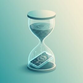 A digital hourglass is centered in a landscape orientation, blending traditional timekeeping with modern technology. Instead of sand, the top bulb is filled with cascading rings of binary code and digital data points. These data points flow through the narrow neck into the bottom bulb, where they transform into a glowing smartphone. The phone screen displays a sophisticated countdown timer and health metrics. The entire graphic uses a professional teal and soft cream color palette, creating a clean, high-tech aesthetic that symbolizes the intersection of artificial intelligence and mortality.