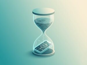 A digital hourglass is centered in a landscape orientation, blending traditional timekeeping with modern technology. Instead of sand, the top bulb is filled with cascading rings of binary code and digital data points. These data points flow through the narrow neck into the bottom bulb, where they transform into a glowing smartphone. The phone screen displays a sophisticated countdown timer and health metrics. The entire graphic uses a professional teal and soft cream color palette, creating a clean, high-tech aesthetic that symbolizes the intersection of artificial intelligence and mortality.