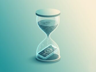 A digital hourglass is centered in a landscape orientation, blending traditional timekeeping with modern technology. Instead of sand, the top bulb is filled with cascading rings of binary code and digital data points. These data points flow through the narrow neck into the bottom bulb, where they transform into a glowing smartphone. The phone screen displays a sophisticated countdown timer and health metrics. The entire graphic uses a professional teal and soft cream color palette, creating a clean, high-tech aesthetic that symbolizes the intersection of artificial intelligence and mortality.